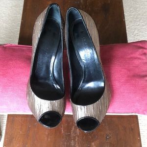 Donna Karan Collection gold evening peep toe pumps